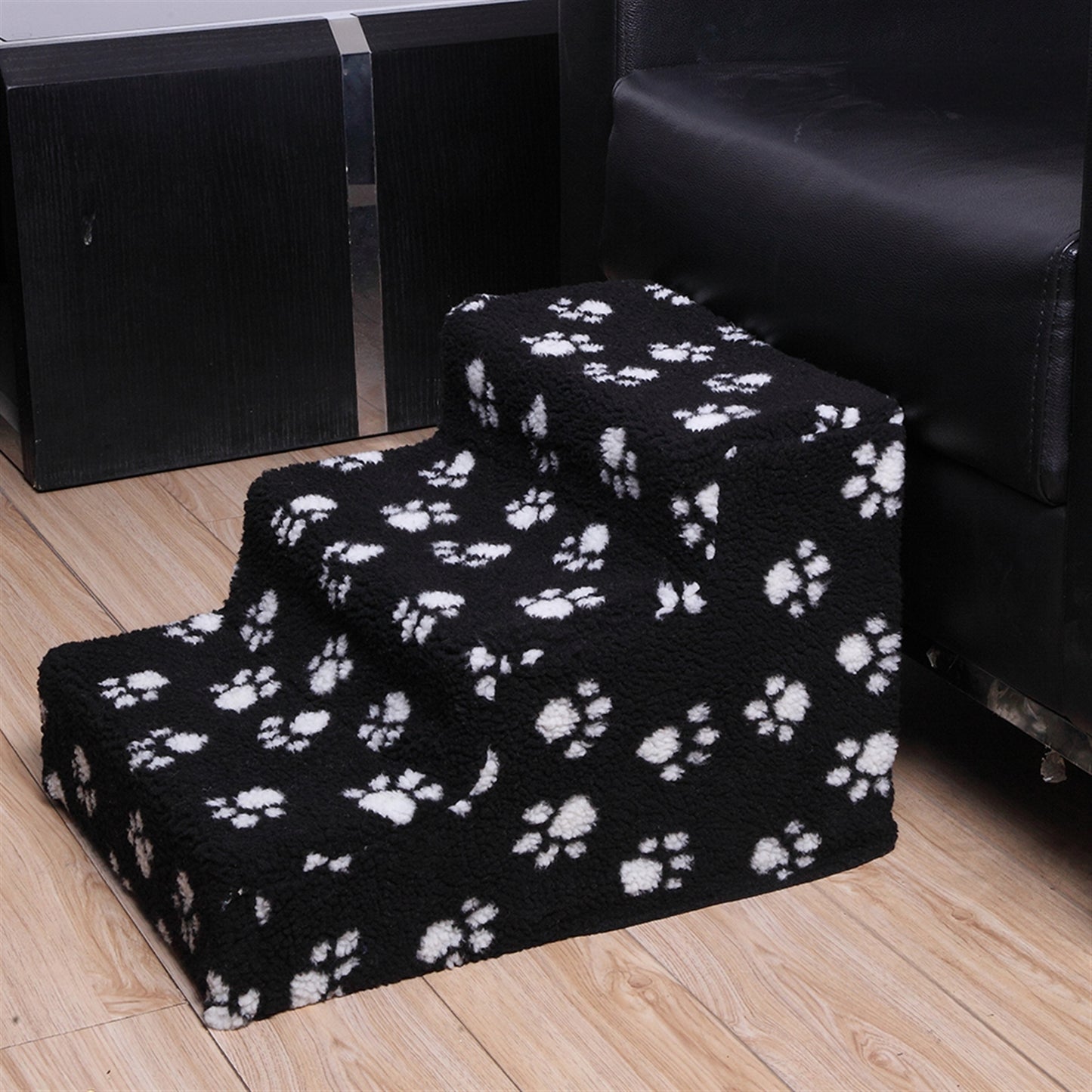 3 Step Velvet Suede Pet Stairs Pet Step Stairs Cat Dog - Black and White Paw Print