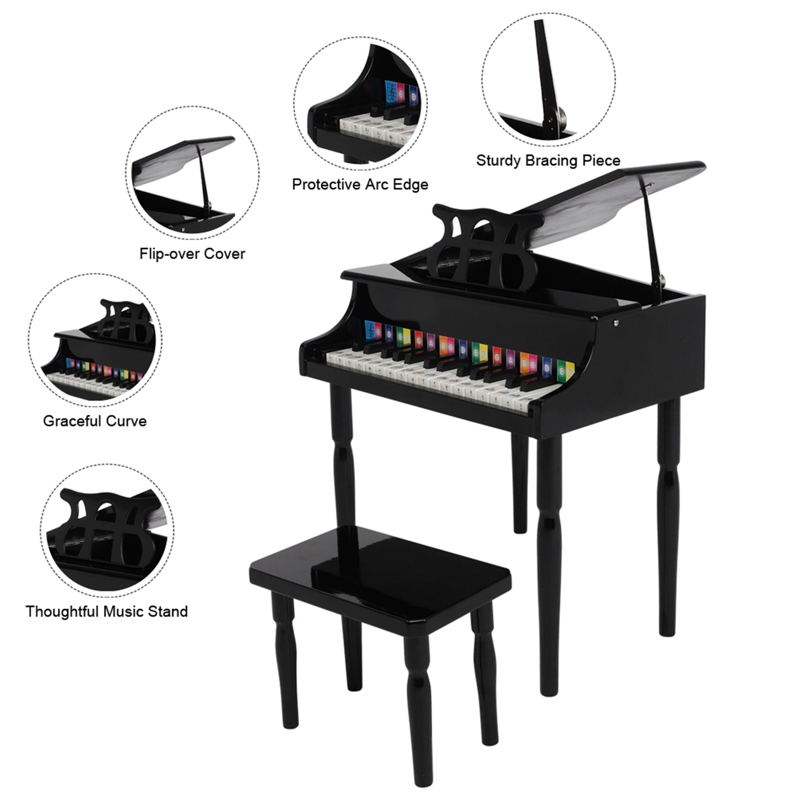 Wooden Toys 30-key Children's Wooden Piano with Music Stand, Mechanical Sound - Black - LiamsBargains.co.uk