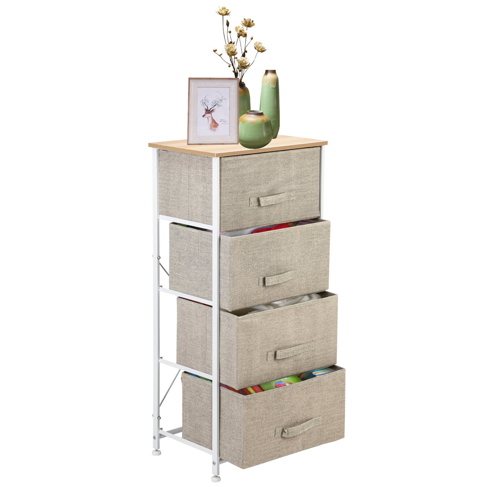 4-Tier Dresser Tower, Fabric Drawer Organizer With 4 Easy Pull Drawers With Metal Frame, Wooden Table top For Living Room, Closet, Linen/Natural