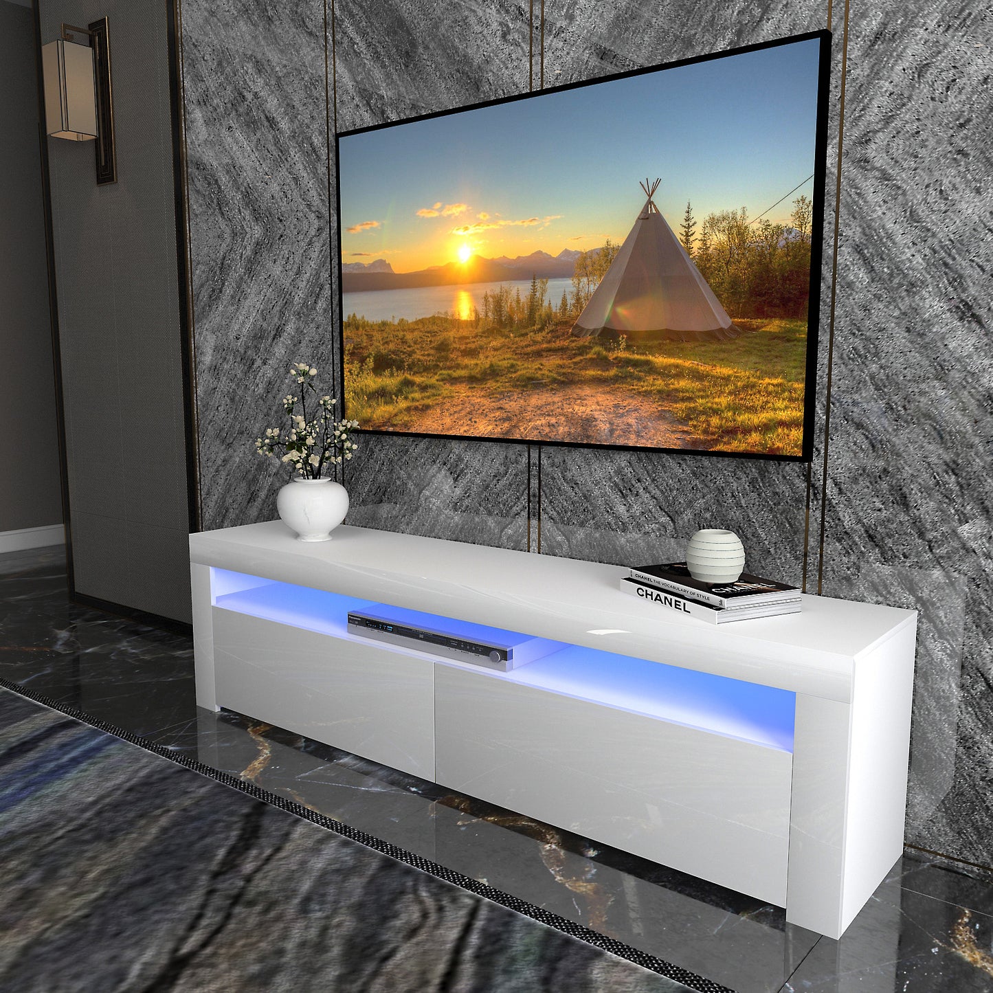 White Modern TV Stand Matt Cabinet Unit 160CM Width High Gloss Door LED Light