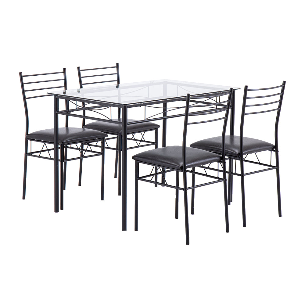 [110 x 70 x 76cm] Iron Glass Dining Table and Chairs Black One Table and Four Chairs PU Cushion