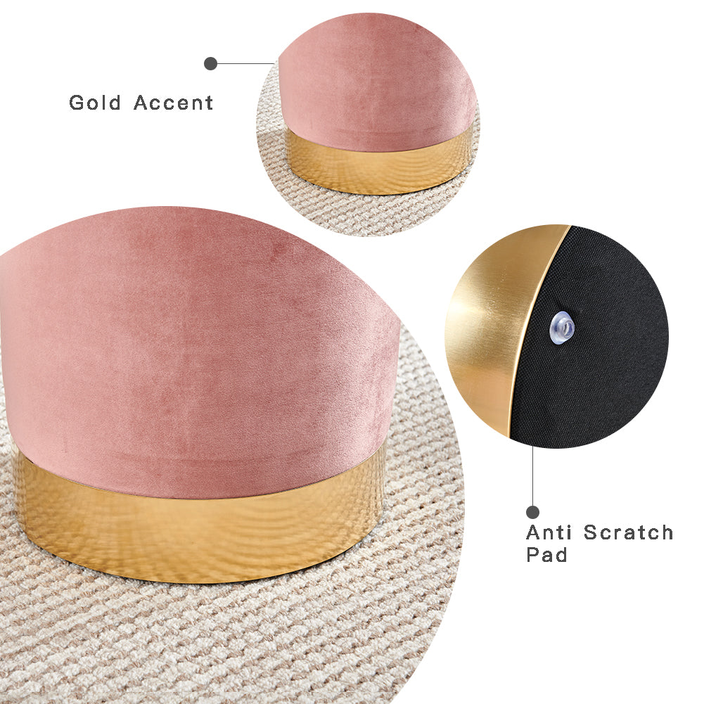 Vanity Ottoman Footstool Velvet Round Vintage Pouffe Stool, Upholstered Dressing Table Stool with Gold Metal Base - Pink