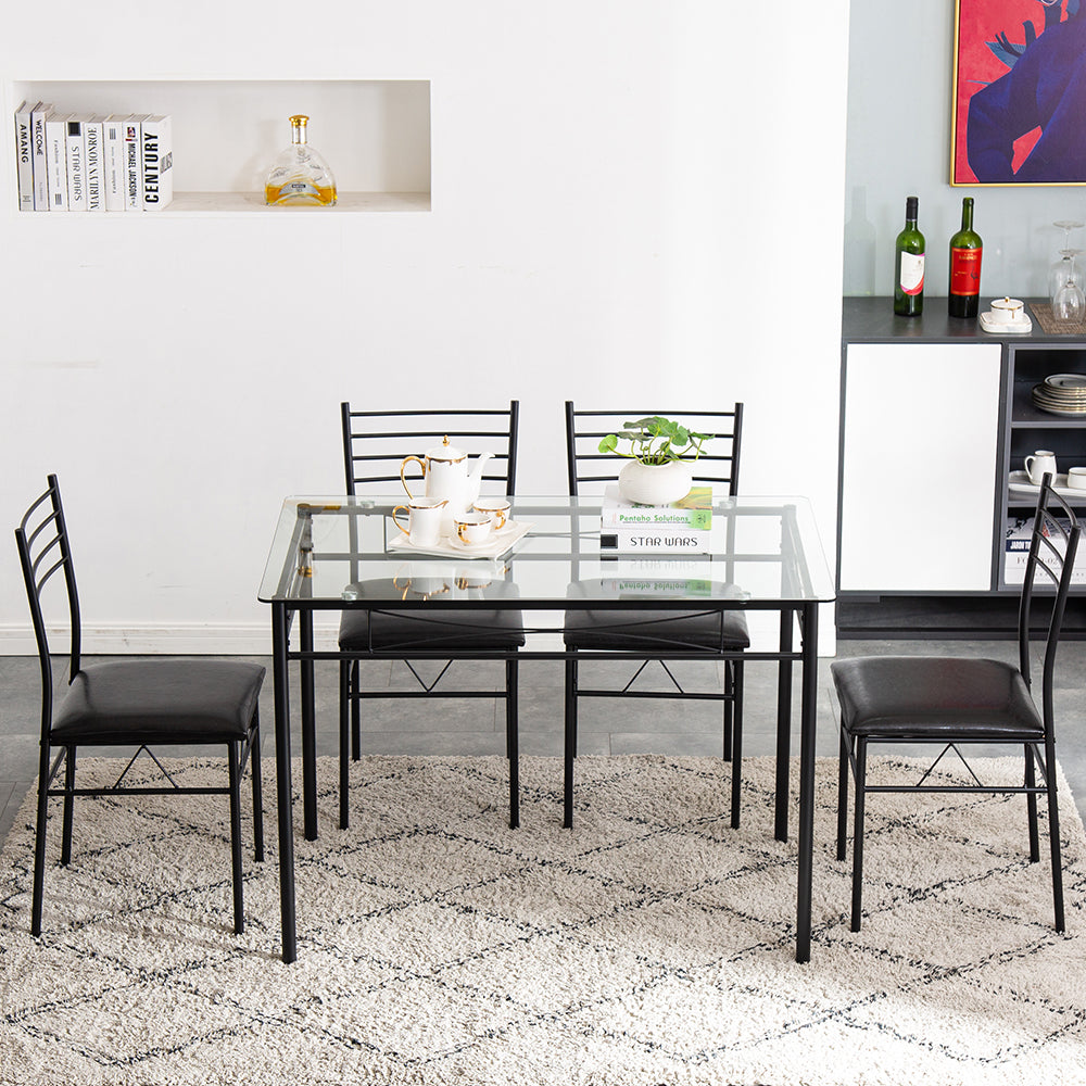 [110 x 70 x 76cm] Iron Glass Dining Table and Chairs Black One Table and Four Chairs PU Cushion