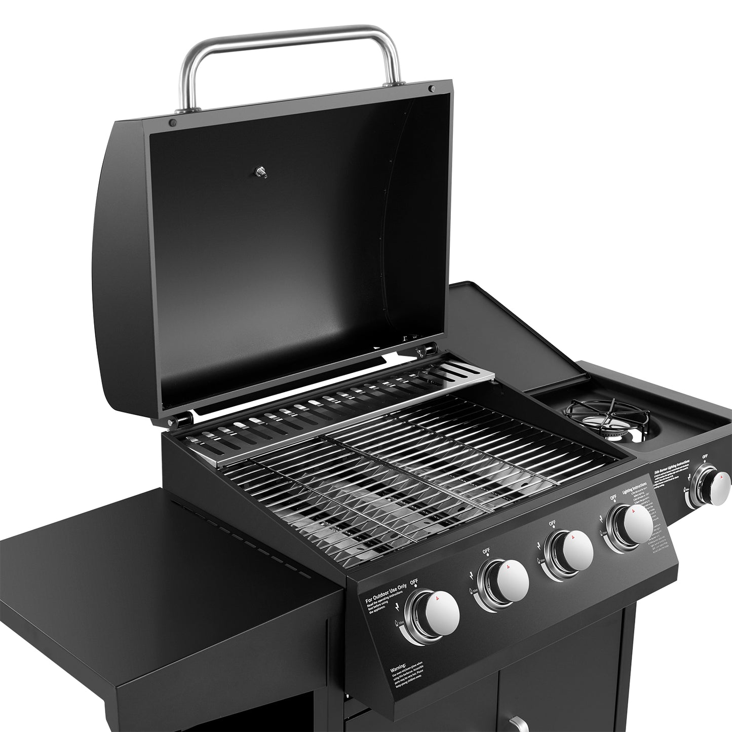 The 4 + 1 gas BBQ grill features 4 stainless steel burners and an side burner  - Black