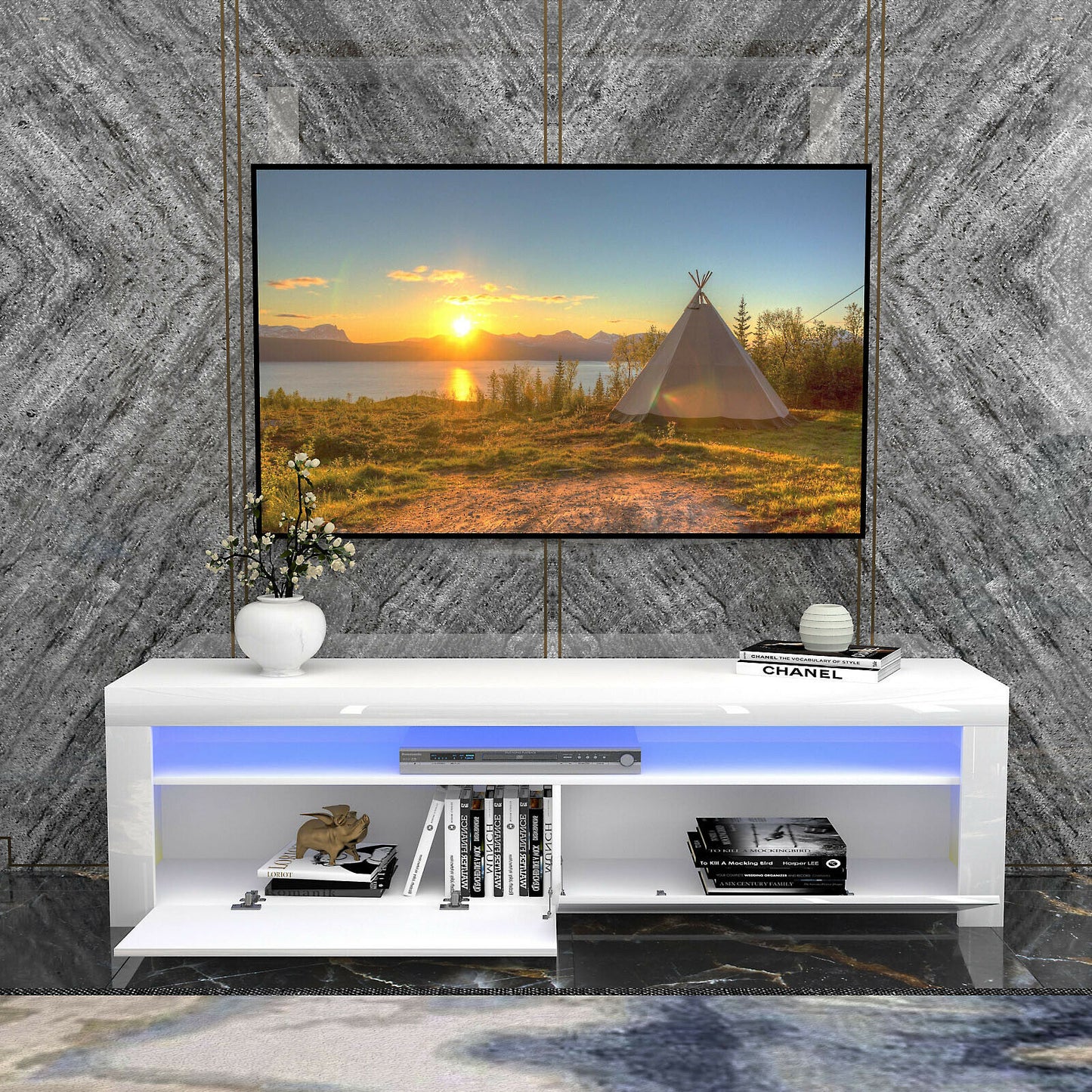 White Modern TV Stand Matt Cabinet Unit 160CM Width High Gloss Door LED Light