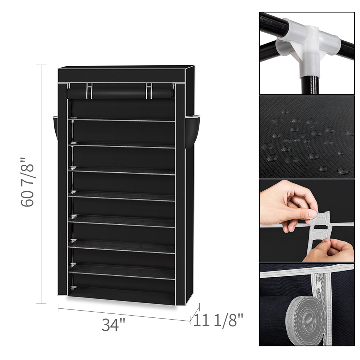 10 Tiers Shoe Rack with Dustproof Cover Closet Shoe Storage Cabinet Organizer - Black