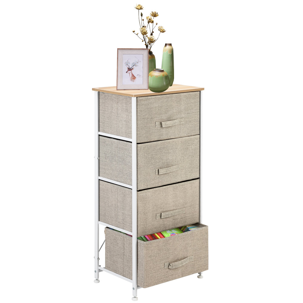 4-Tier Dresser Tower, Fabric Drawer Organizer With 4 Easy Pull Drawers With Metal Frame, Wooden Table top For Living Room, Closet, Linen/Natural