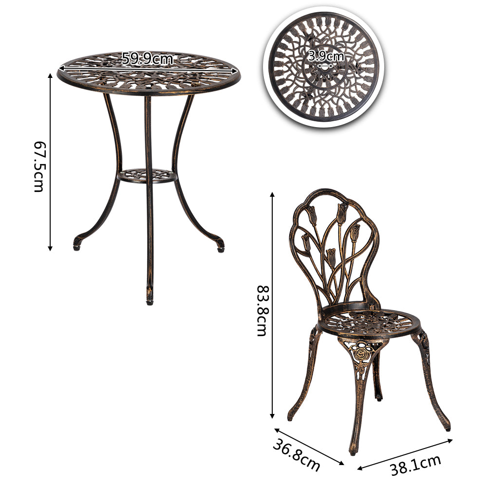 European Style Cast Aluminium Outdoor 3 Piece Tulip Bistro Set of Table and Chairs Bronze