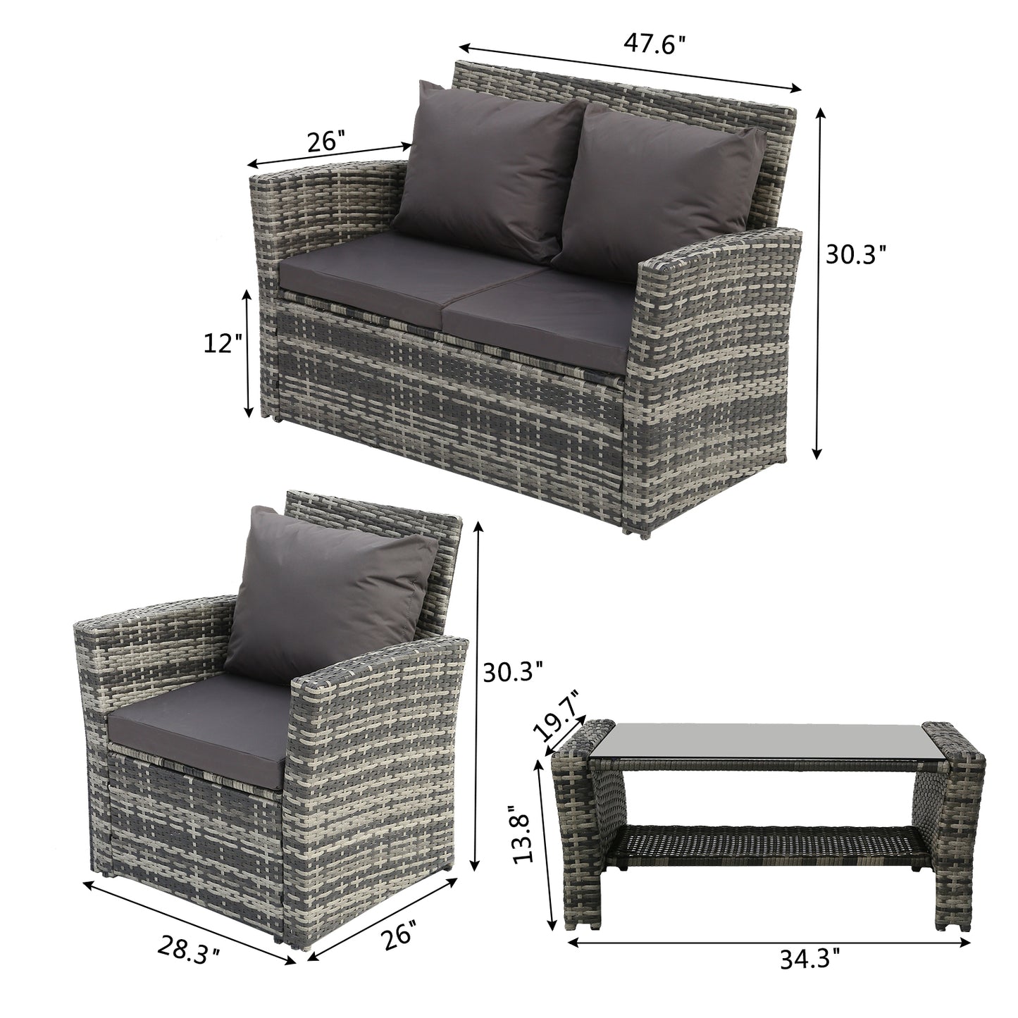 Rattan Sofa Combination Dark Gray Cushion Gray Gradient Rattan Rattan Four-Piece Set