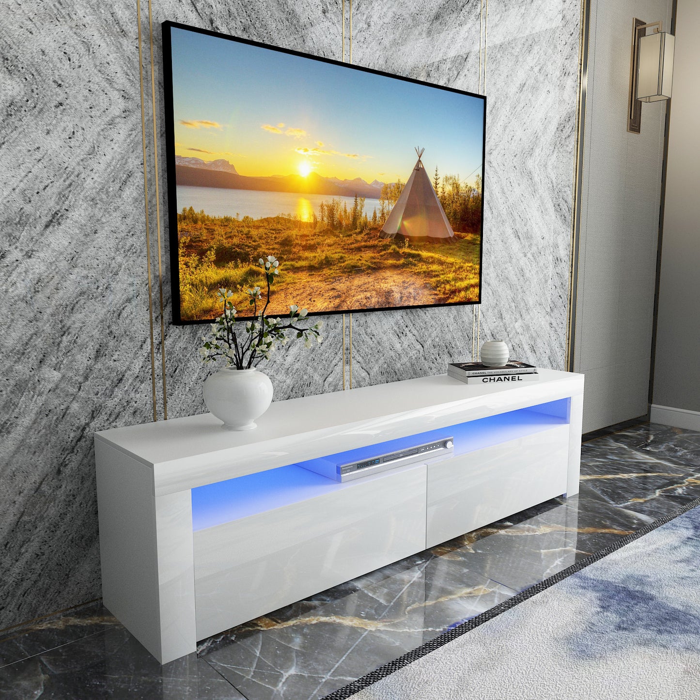 White Modern TV Stand Matt Cabinet Unit 160CM Width High Gloss Door LED Light