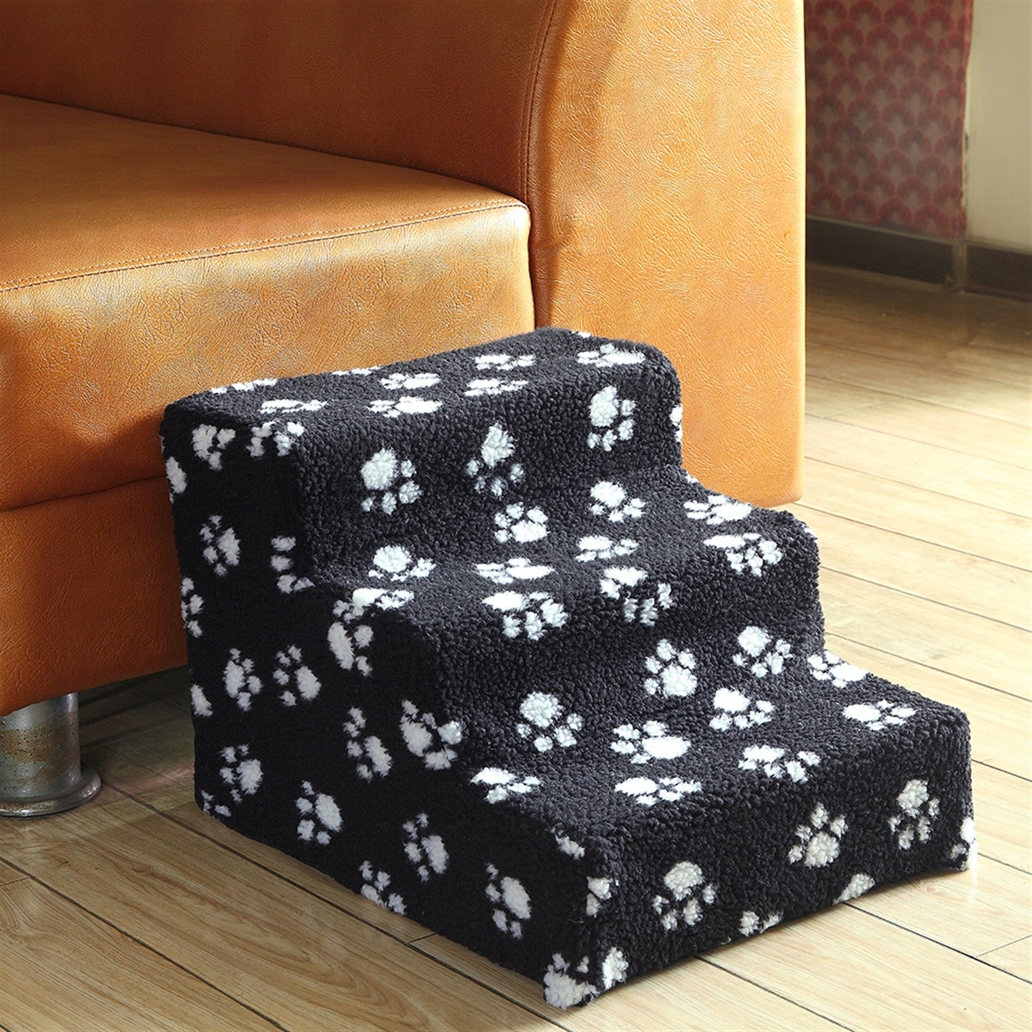 3 Step Velvet Suede Pet Stairs Pet Step Stairs Cat Dog - Black and White Paw Print