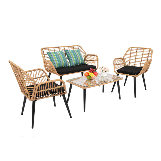 PE Steel Outdoor Wicker Rattan Chair Four-Piece Patio Furniture Set Yellow