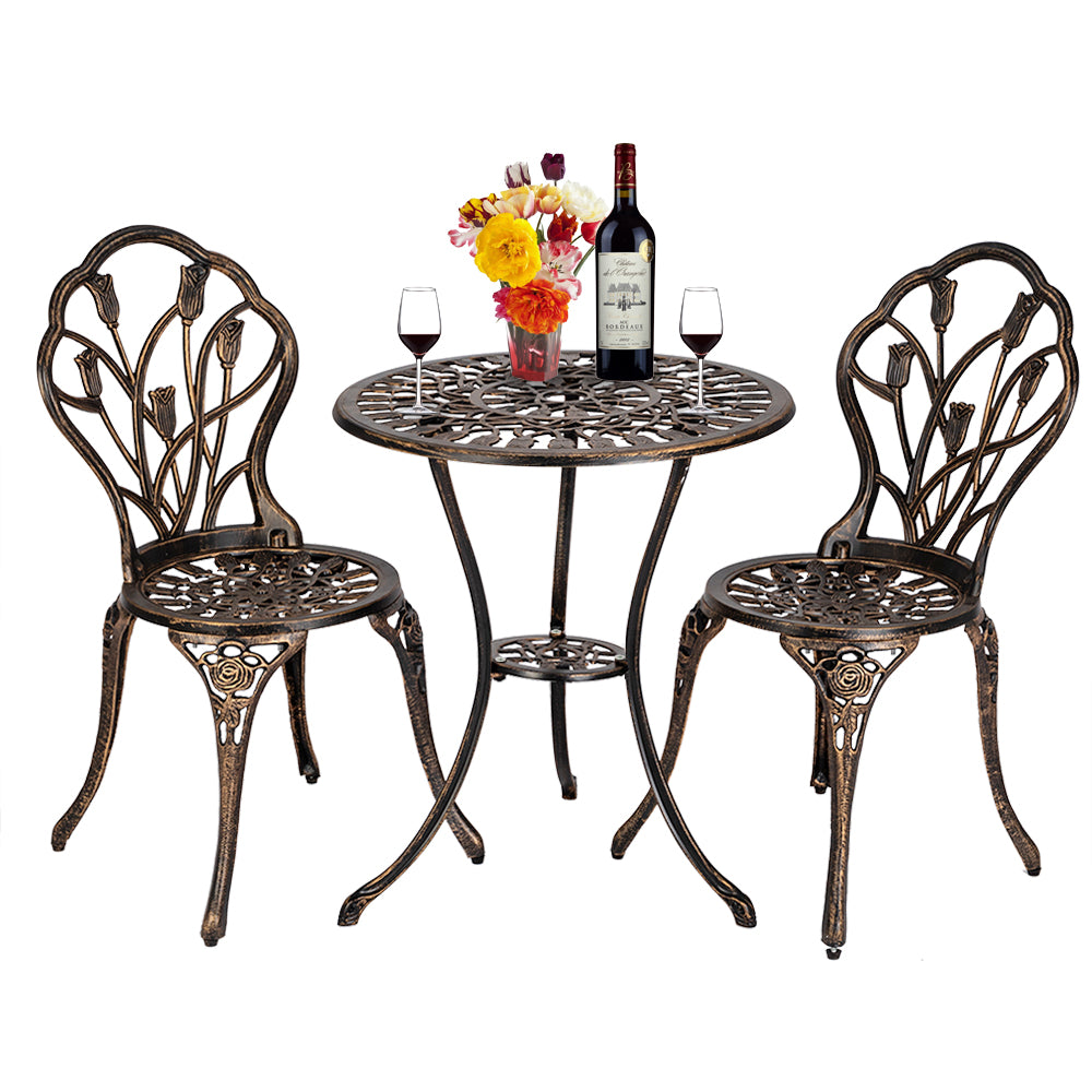 European Style Cast Aluminium Outdoor 3 Piece Tulip Bistro Set of Table and Chairs Bronze