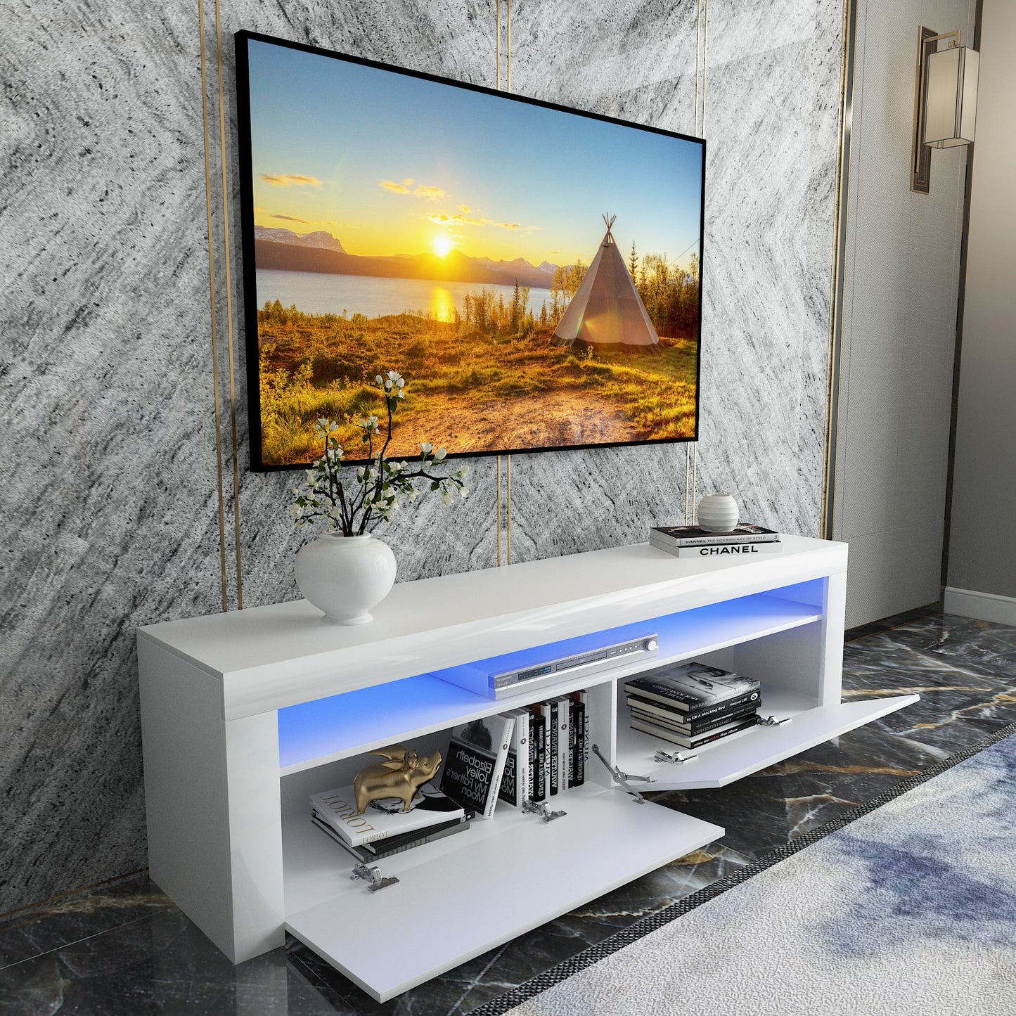 White Modern TV Stand Matt Cabinet Unit 160CM Width High Gloss Door LED Light