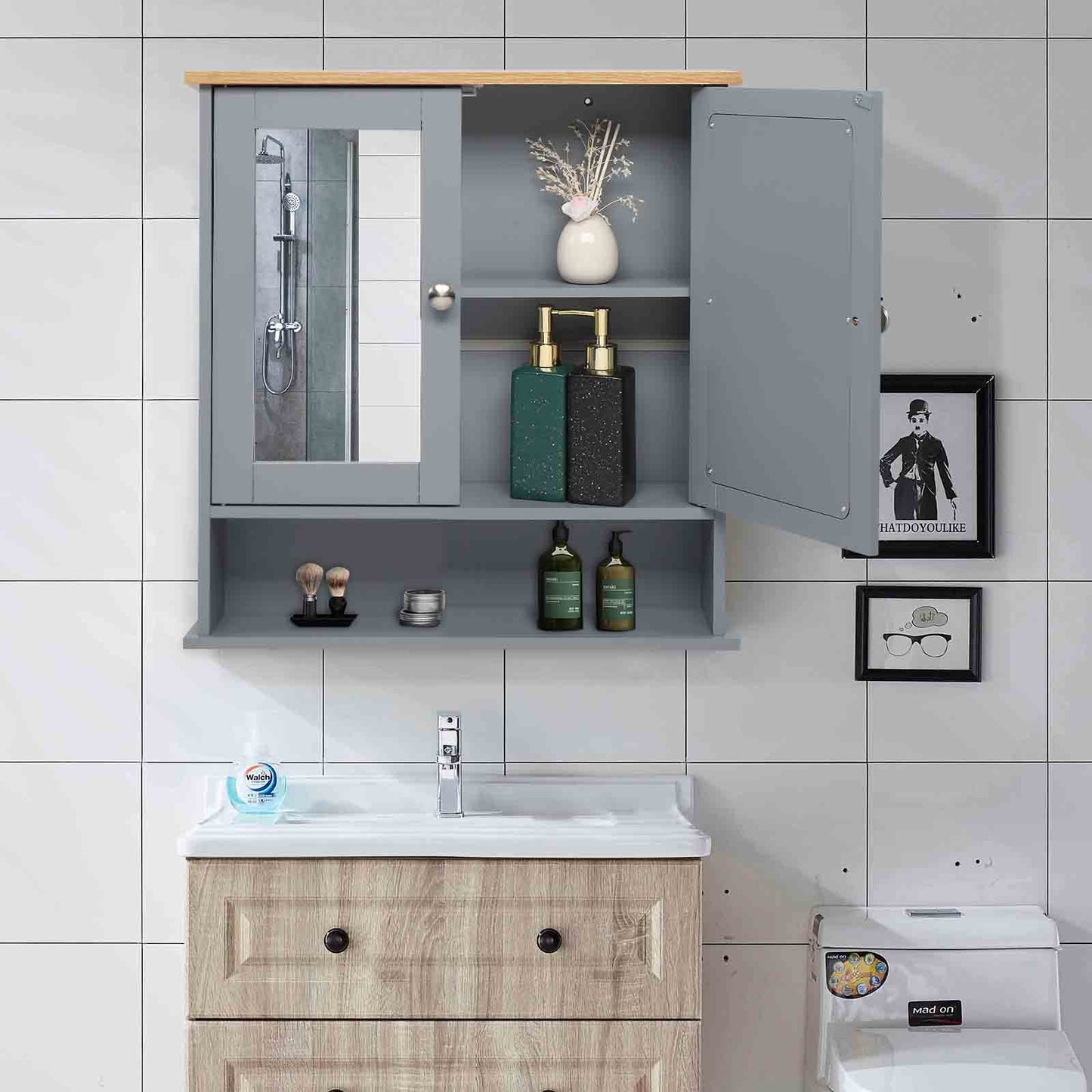 FCH 2 Mirror Door 1 Storage Layer MDF Spray Paint Bathroom Wall Cabinet Gray