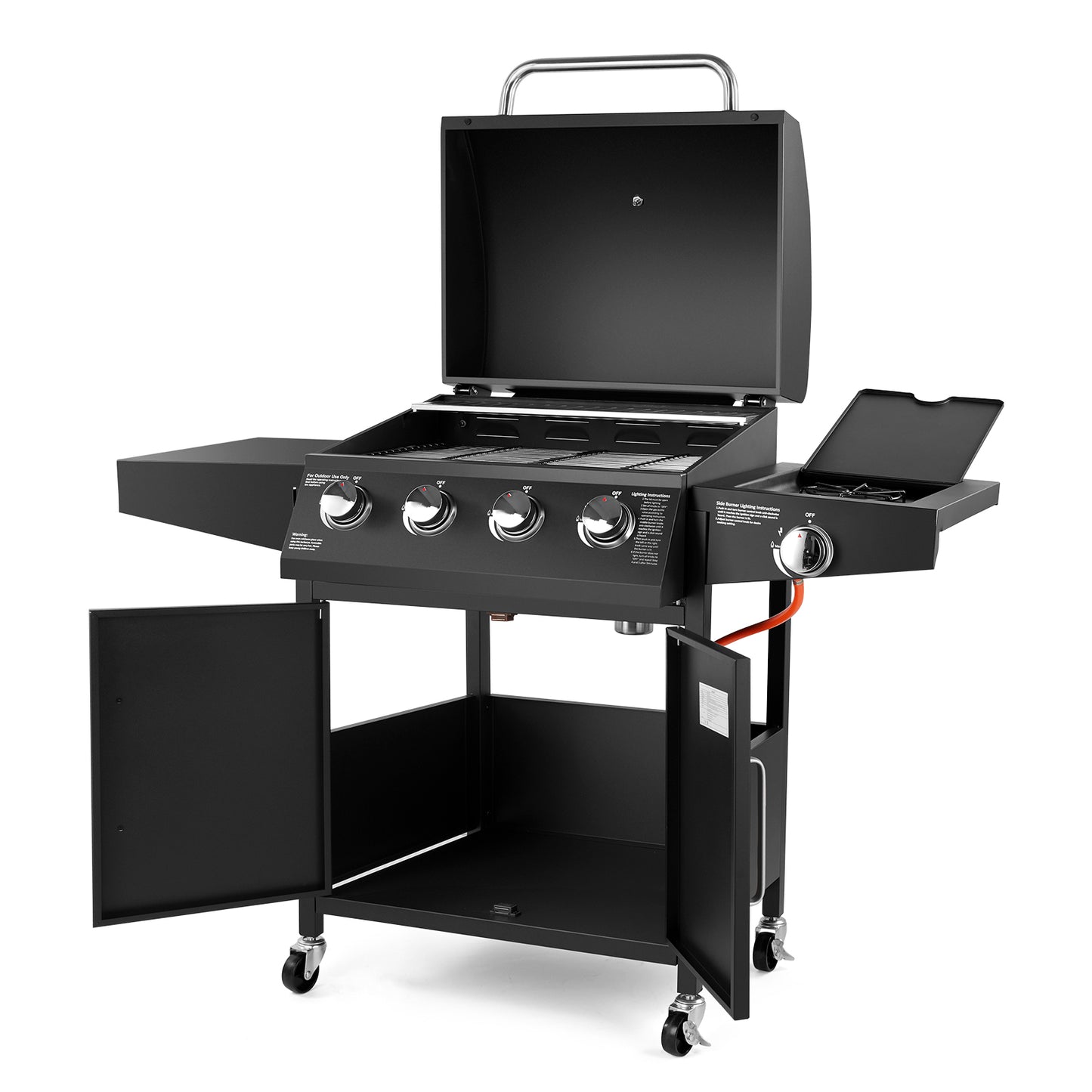 The 4 + 1 gas BBQ grill features 4 stainless steel burners and an side burner  - Black