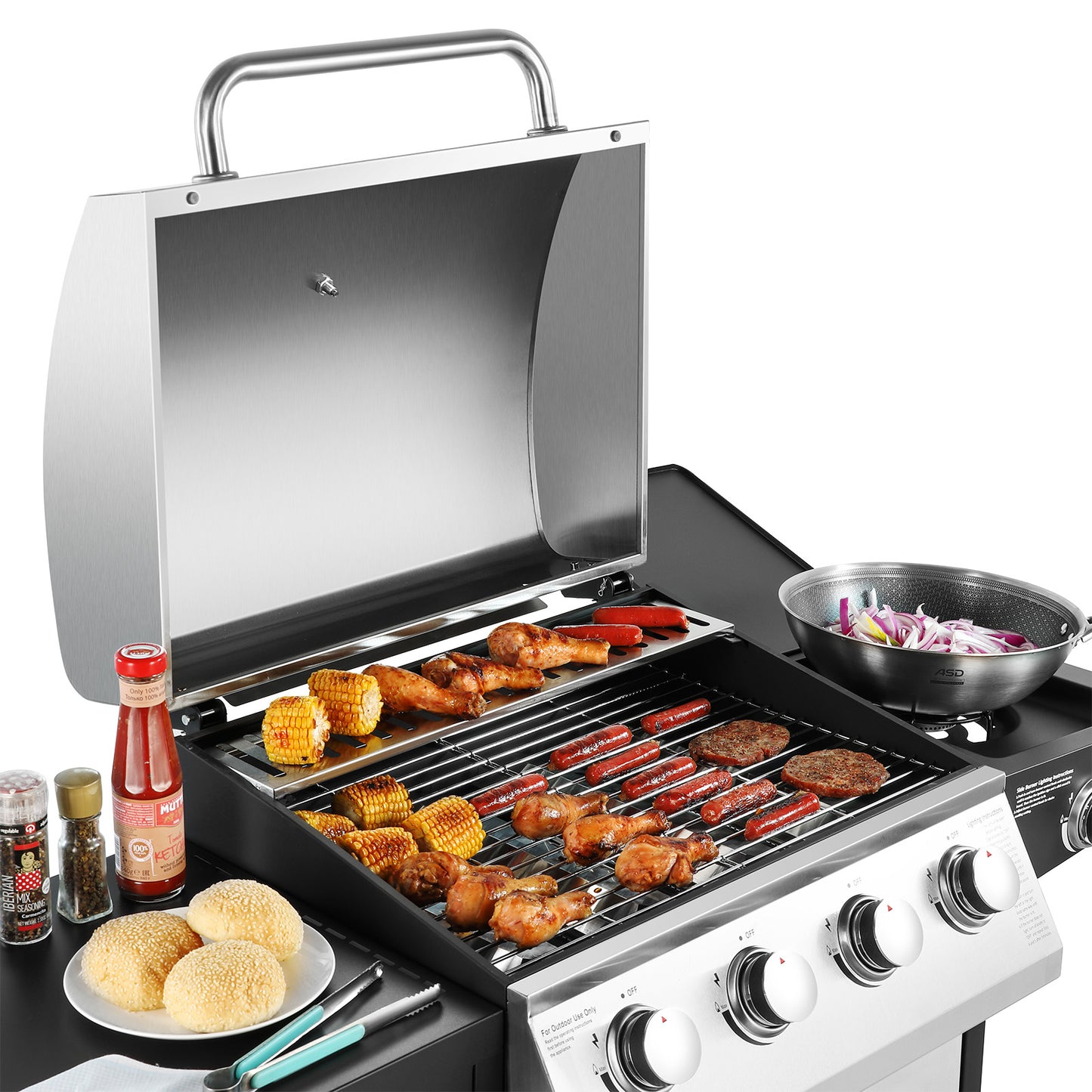 The 4 + 1 gas BBQ grill features 4 stainless steel burners and an side burner  - Silver