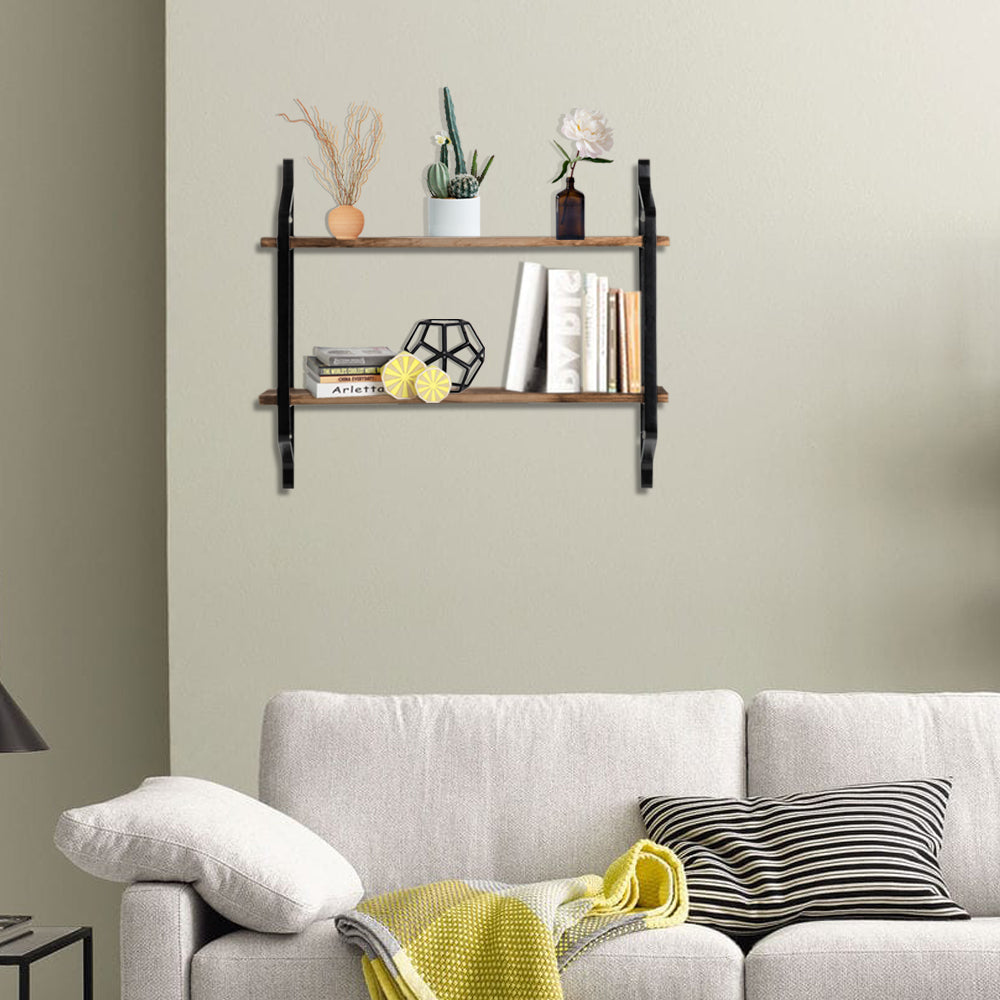 2 Tiers Floating Shelves Wall Mounted Industrial Wall Shelves for Living Room Bedroom Kitchen Entryway Wood Storage Shelf