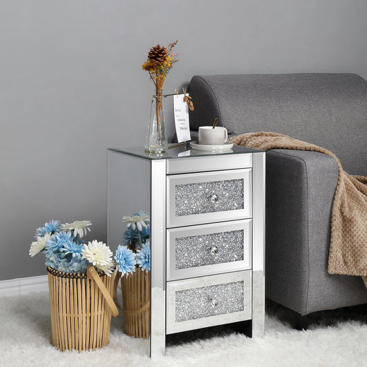 FCH Silver MDF Mirror Surface Broken Glass 40*30*60cm Three Drawers Bedside Table