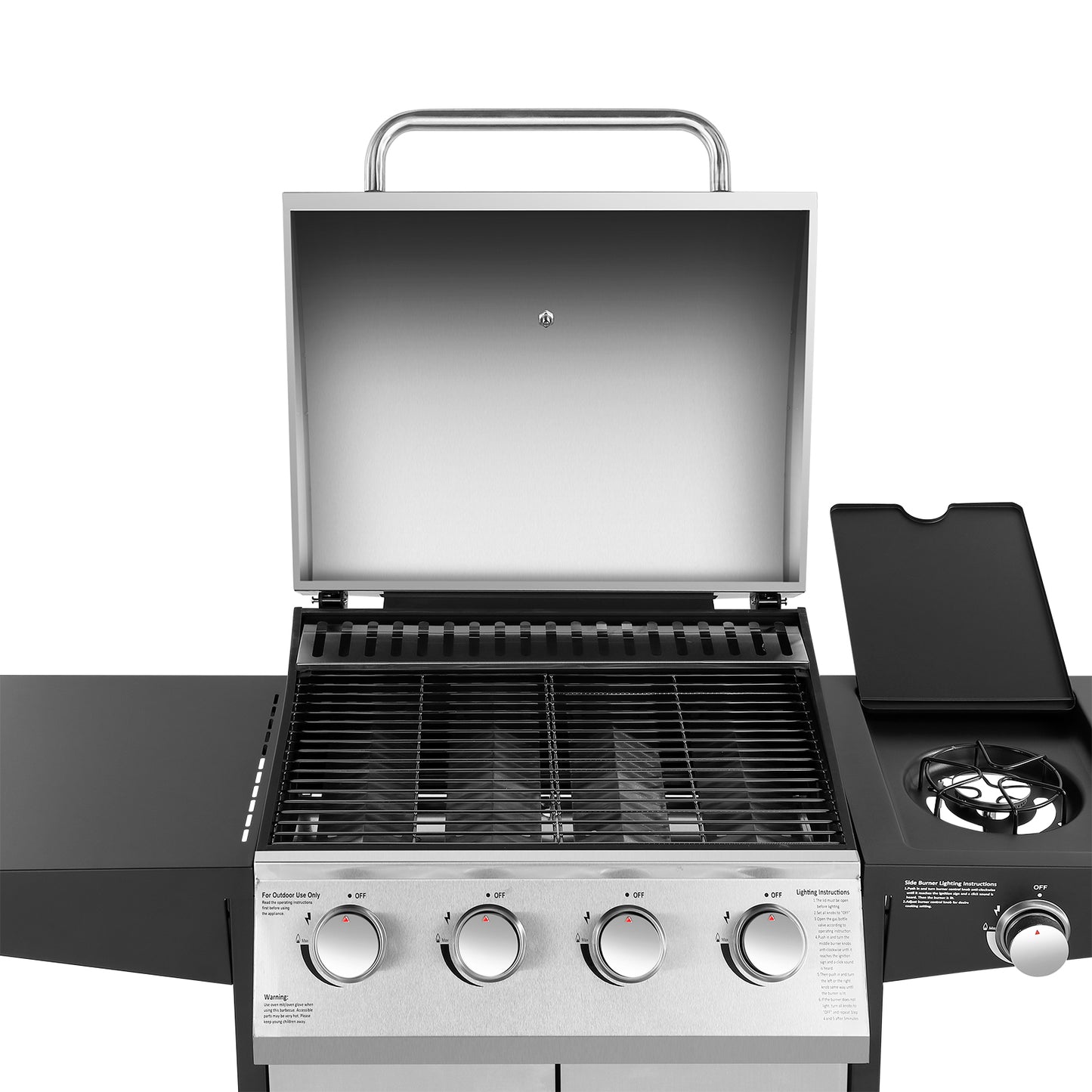 The 4 + 1 gas BBQ grill features 4 stainless steel burners and an side burner  - Silver