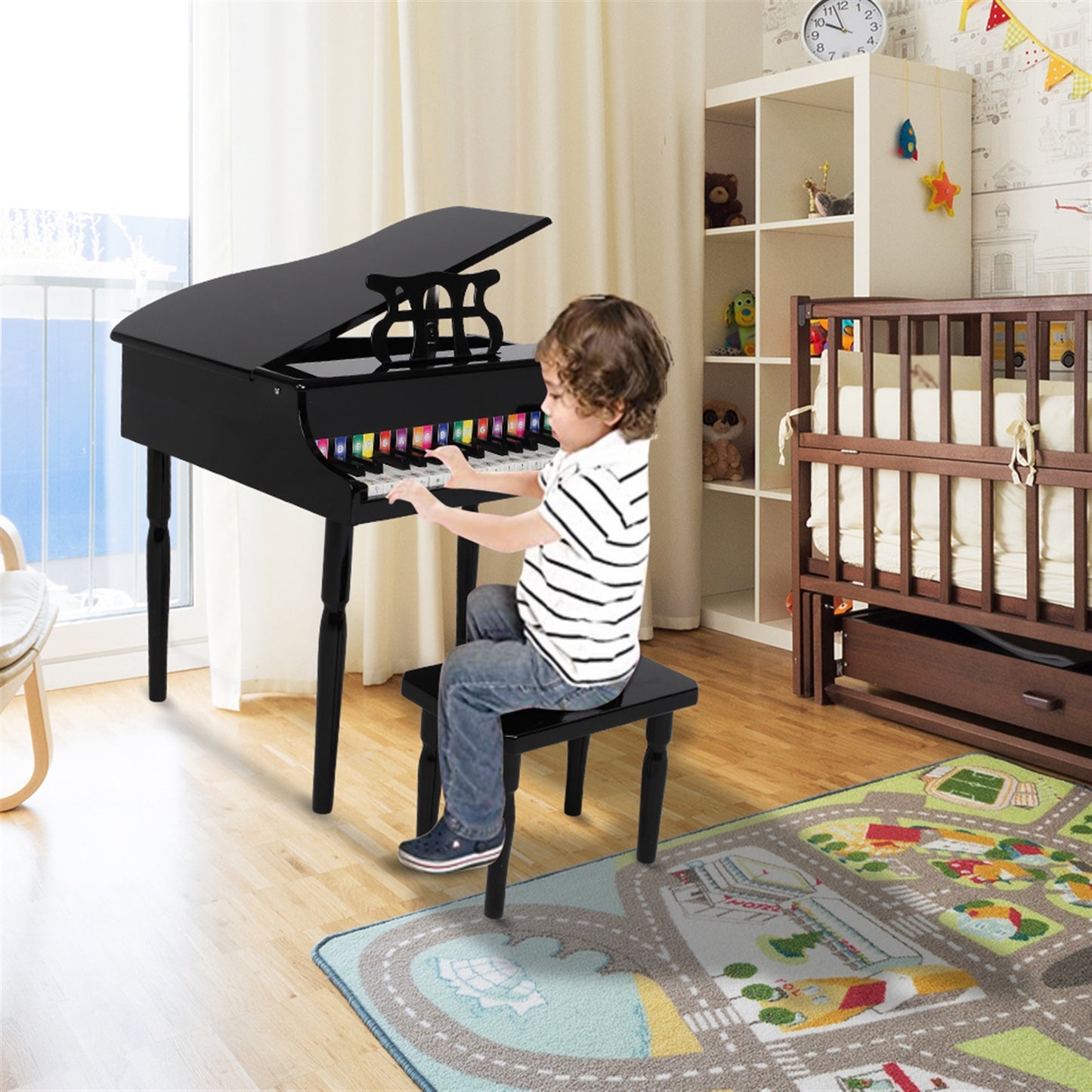 Wooden Toys 30-key Children's Wooden Piano with Music Stand, Mechanical Sound - Black - LiamsBargains.co.uk