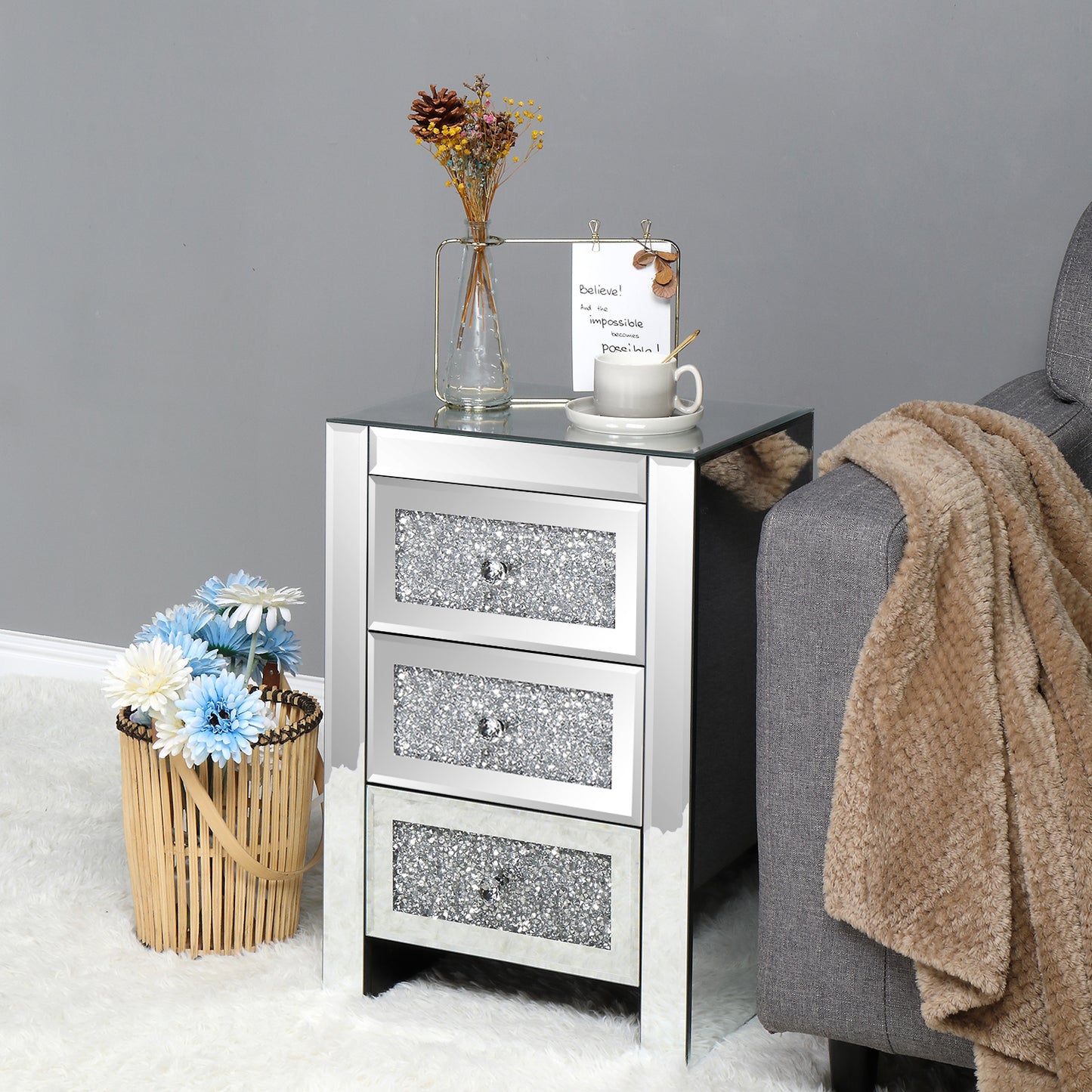 FCH Silver MDF Mirror Surface Broken Glass 40*30*60cm Three Drawers Bedside Table