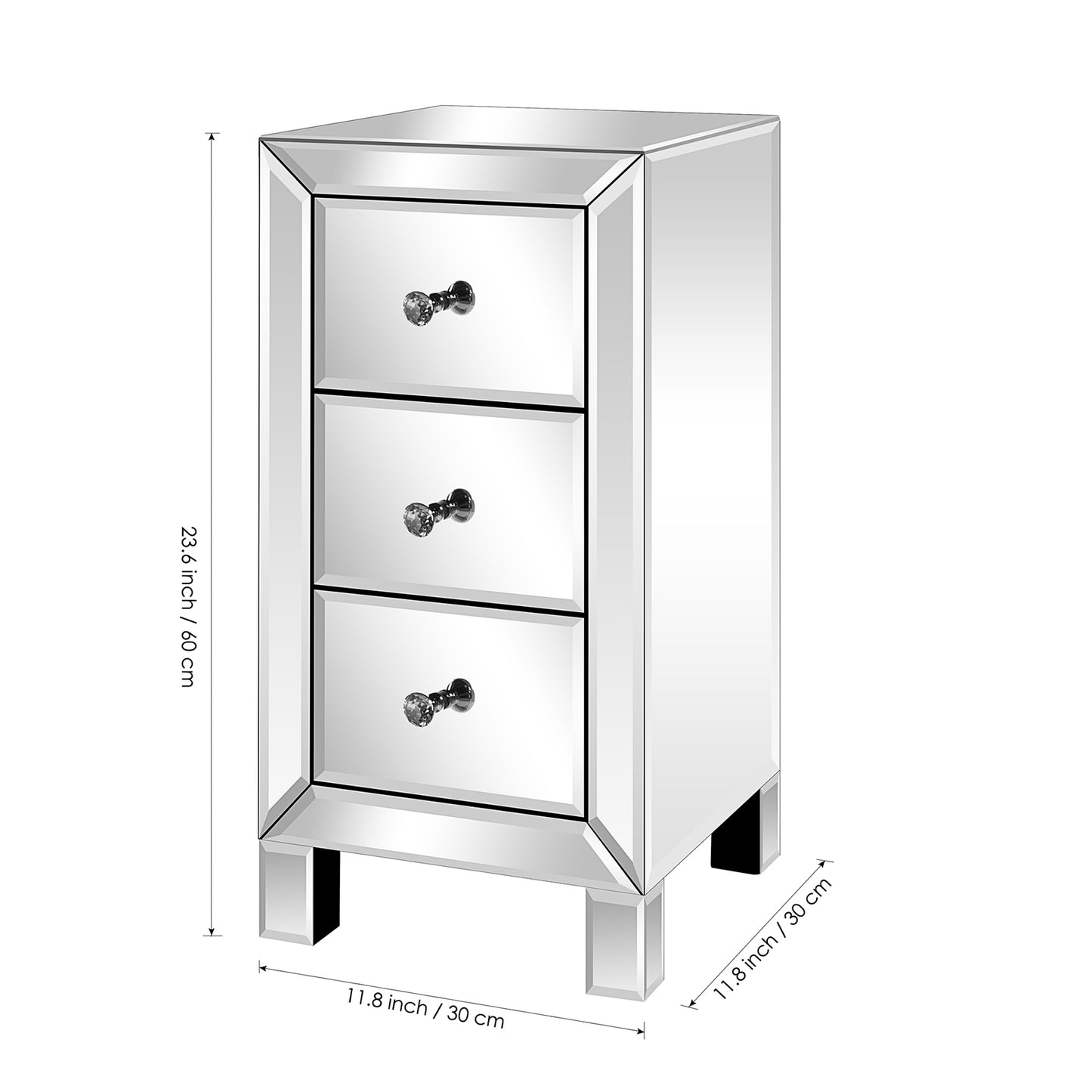 Modern and Contemporary Mirrored 3-Drawers Nightstand Bedside Table